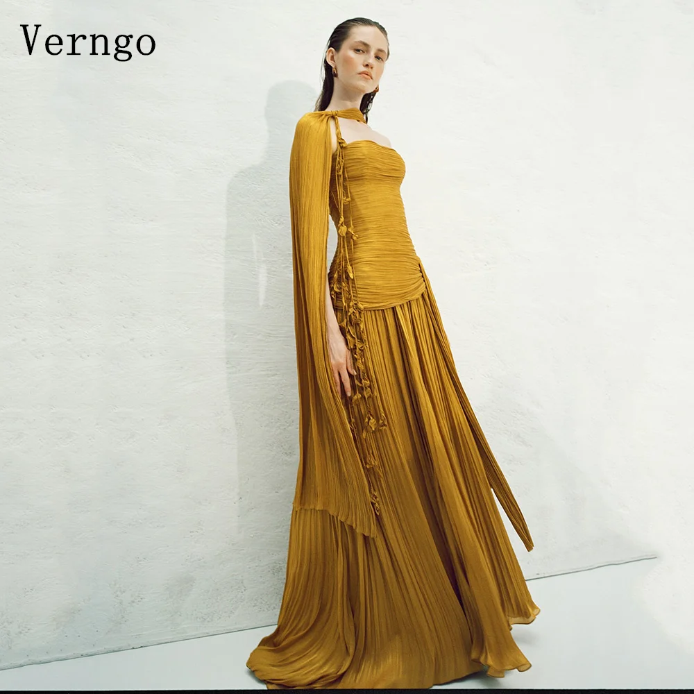 

Verngo Gold Chiffon Evening Dress A Line Slim Prom Party Gowns Women Maxi Hand-pleated Silk Formal Occasion Dress Customized