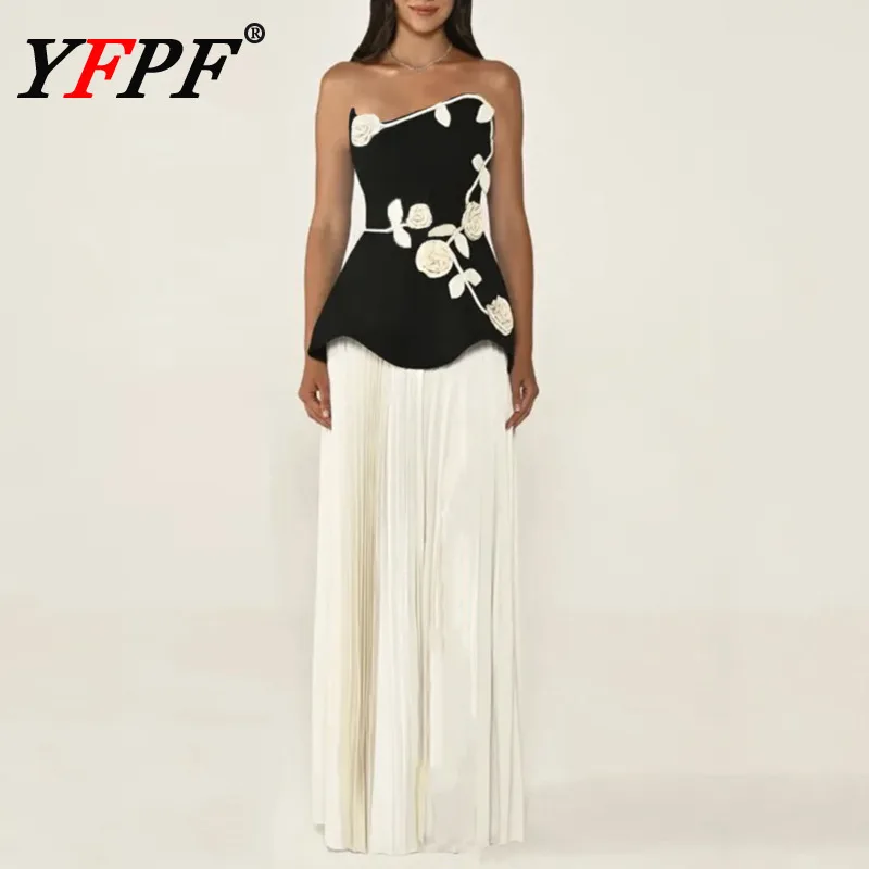 

YFPF Fashion Embroider Flower Dress Women Flower Contrast Color Patchwork Pleated Party Dresses Elegant 2025 New Clothing