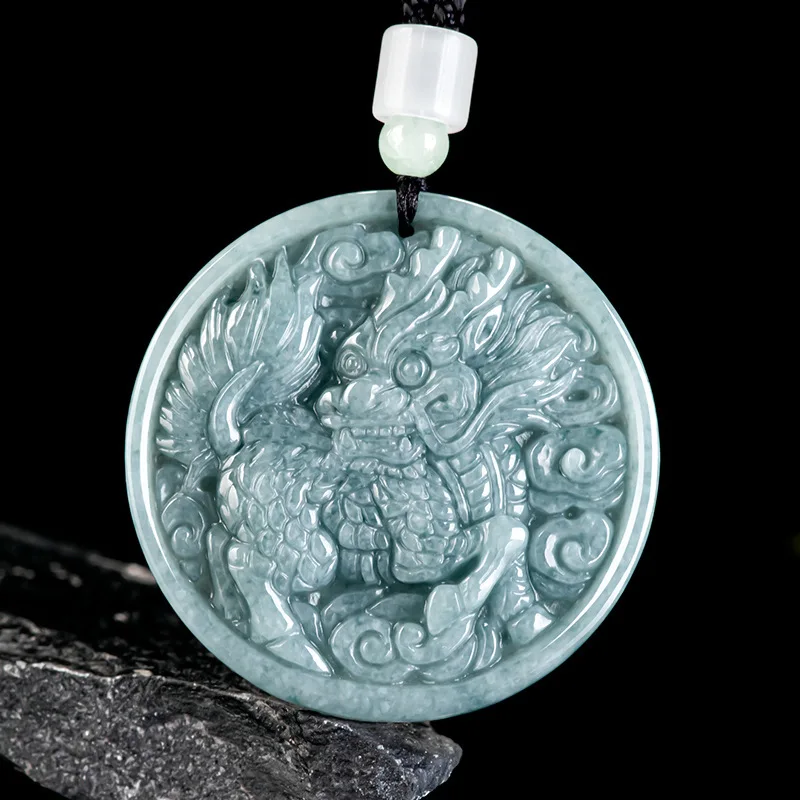 Natural A-grade Jadeite Blue Water Qilin Ice Jade Pendant Welcoming Blessings Men's Charms Women's Gifts Jewelry Drop Shipping