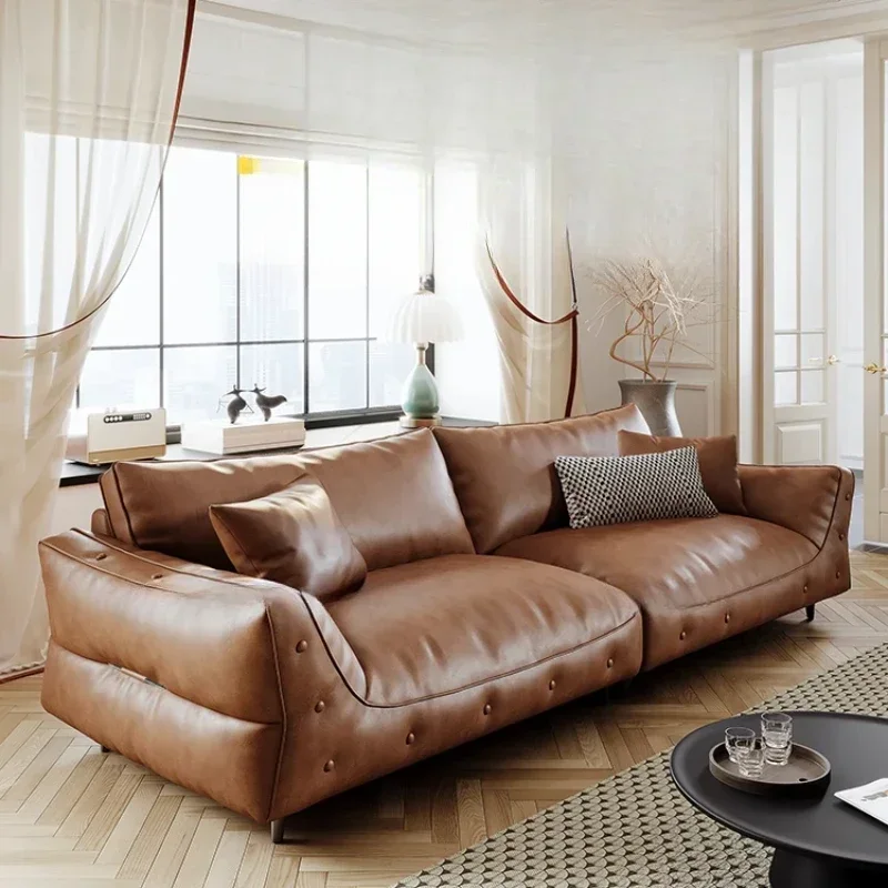 

French retro leather sofa, small apartment living room minimalist light luxury, straight row of three people
