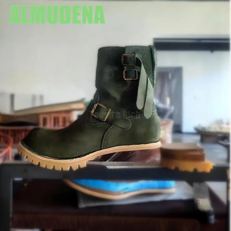 

Suede Military Green Motorcycle Boots Metal Belt Buckle Knight Boots Trendy Men's Minimalist Sleeve Height Increasing Boots