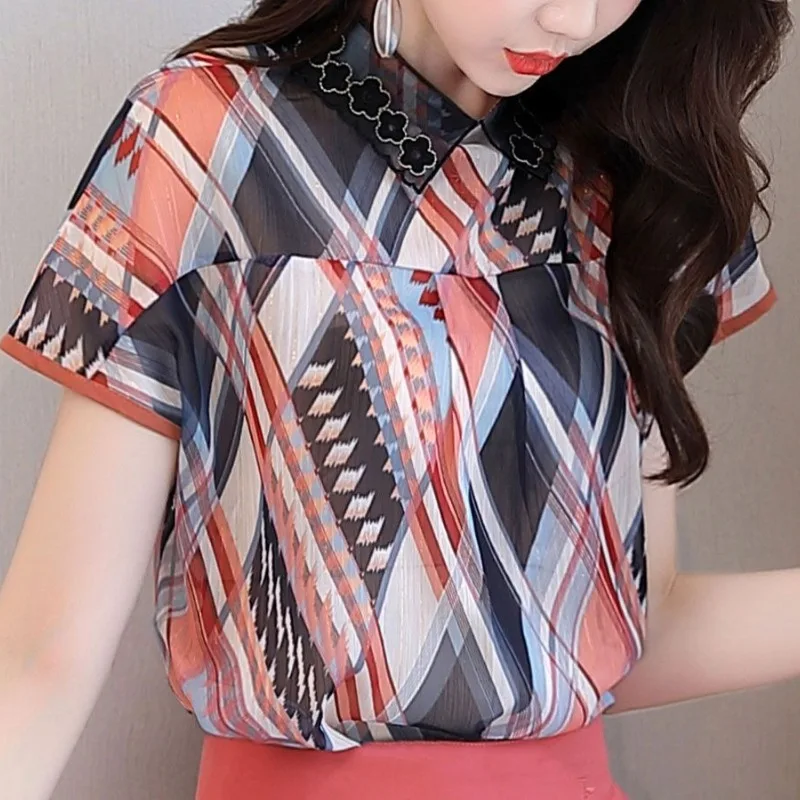 Women\'s Pullover Patchwork Lace Printed Short Sleeve Chiffon Tops Summer New Solid Wide Leg Pants Slim Fashion Two-piece Sets