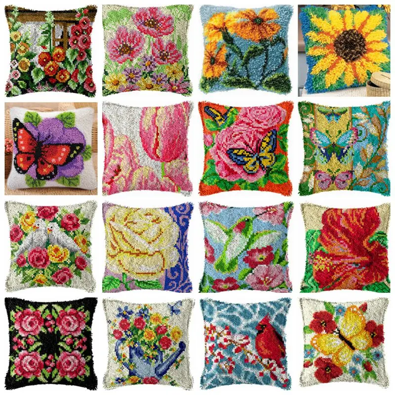 

Flowers Butterfly Latch Hook Kit Smyrna Pillowcase Knot Pillow Package DIY Latch Hook Kit Set For Needlework Embroidery Cushion