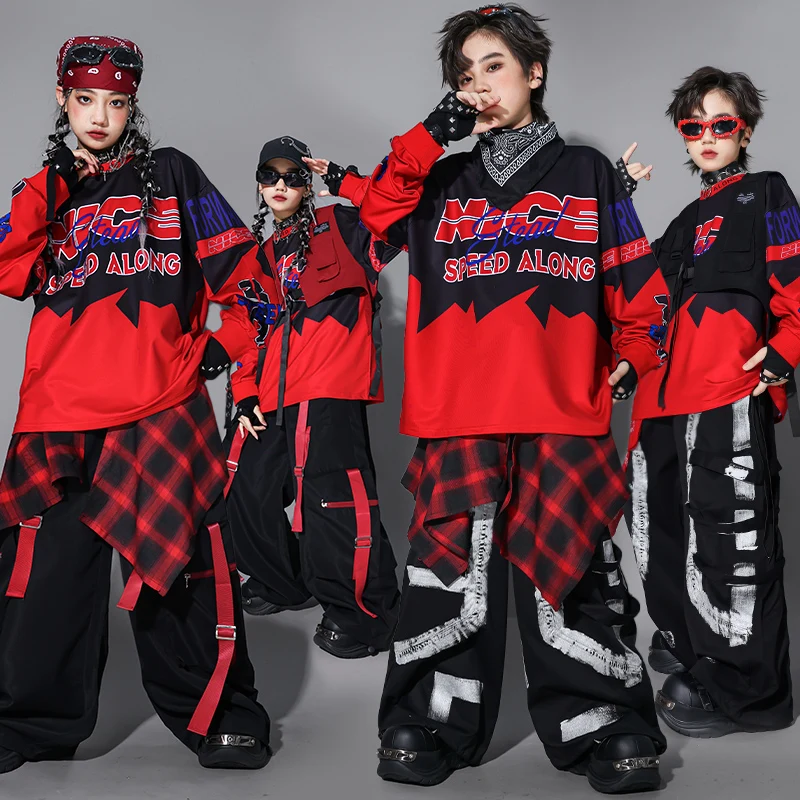 

Одежда в стиле хип-хоп для мальчиков, толстовка, жилет, штаны-карго для уличных танцев, топ K-pop для девочек, джазовый костюм, комплекты детской одежды, детская уличная одежда