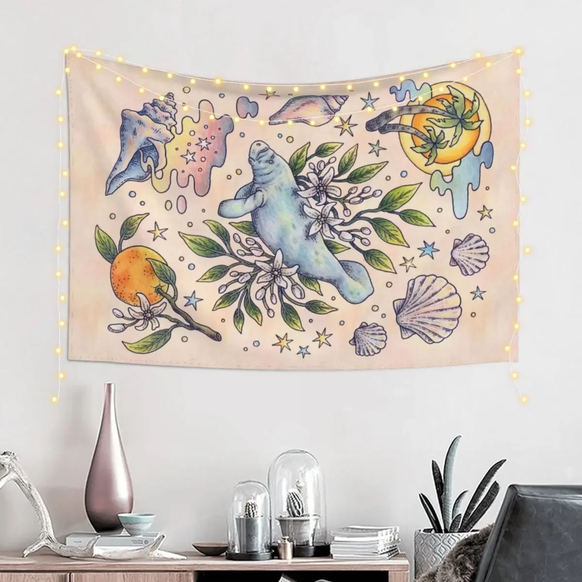 Orange Blossom Manatee Ocean Tropical Art Tapestry Bedroom Decor Aesthetic Aesthetic Home Decor Tapestry