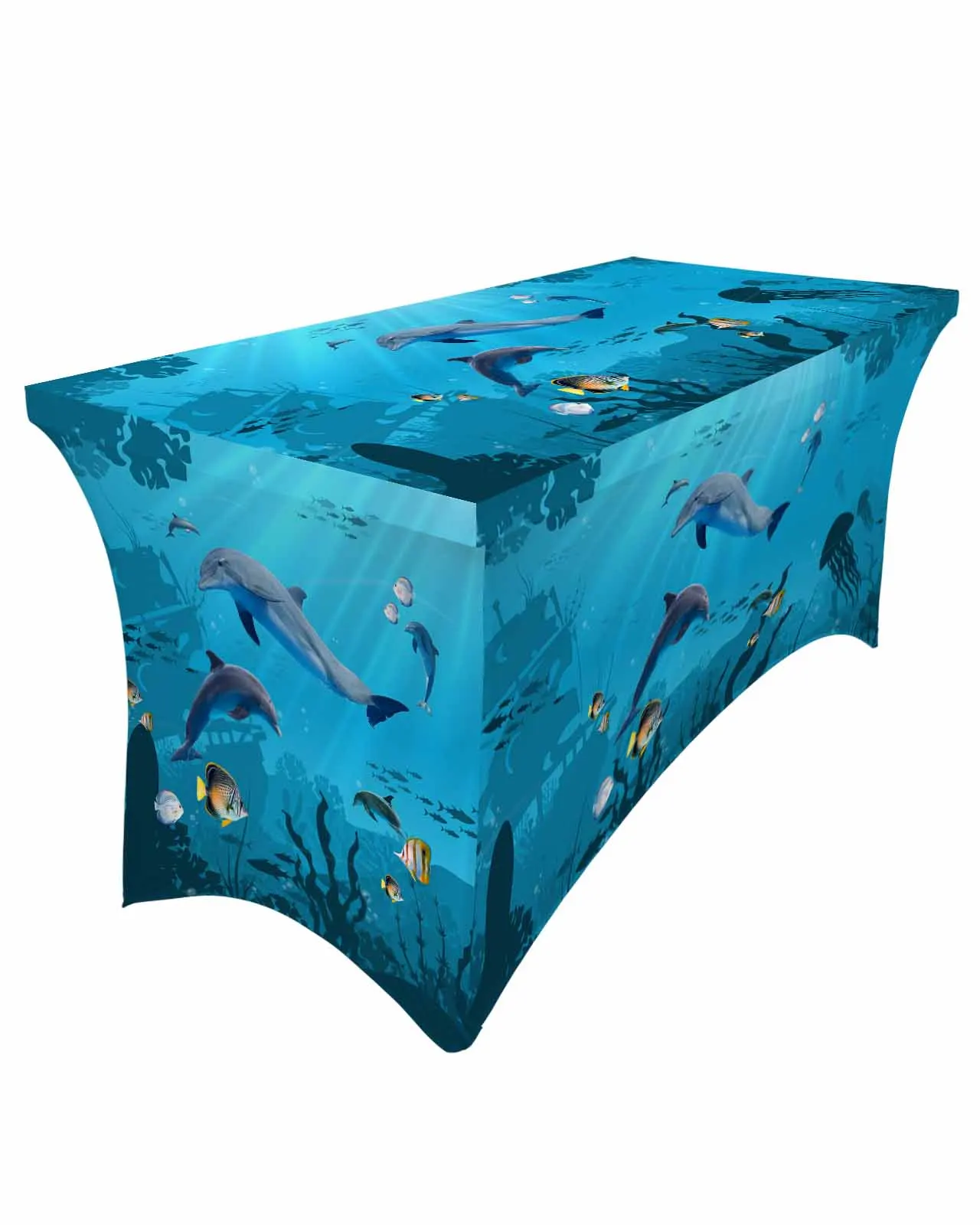 Summer Sea Life Dolphin Fish Elastic Table Skirt Wedding Hotel Birthday Table Cover Buffet Table Tablecloth Decor