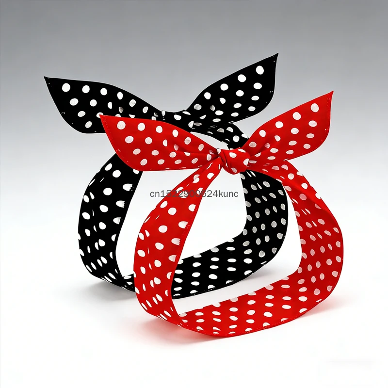 2pcs Set 50s Vintage Bow Polka Dot Headband Black Red Cute Ribbon Headwear Hairband Metal Wire Scarf Hair Band Accessories