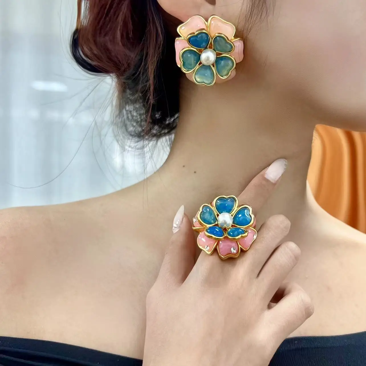 Vintage Court Style Double 3D Flower Glaze Earrings Ring Set for Women French Hand Pink Blue Jelly Glaze Jewelry Set Party Gift