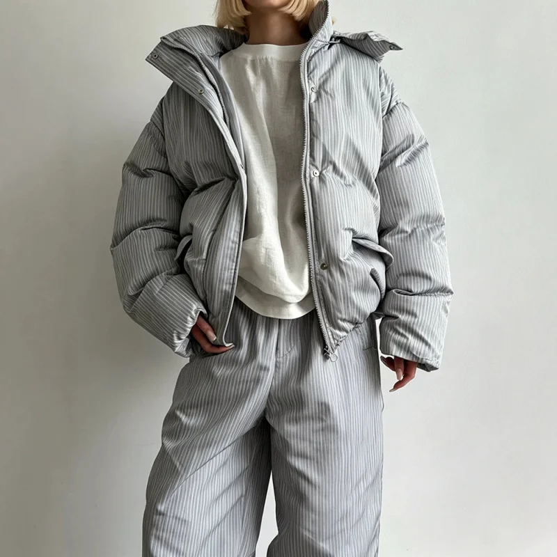 QICHE 2026 Women Striped Print Puffer Jacket, Oversized Drawstring Padded Coat, Warm Winter Casual Outerwear