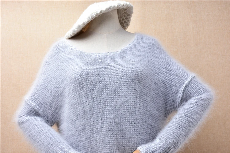 Ladies Women Fall Winter Clothing Grey Hairy Angora Rabbit Hair Knitted O-Neck Long Sleeves Slim Blouses Pullover Sweater Jumper