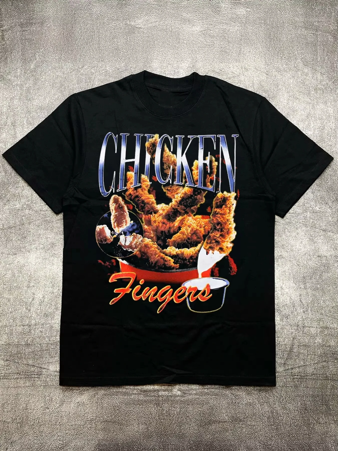 

2025 Heat Transfer Print Cotton Round Neck Short Sleeve Men Women T-Shirt - Fried Chicken Food Theme Design, Black Top Ins Y2k