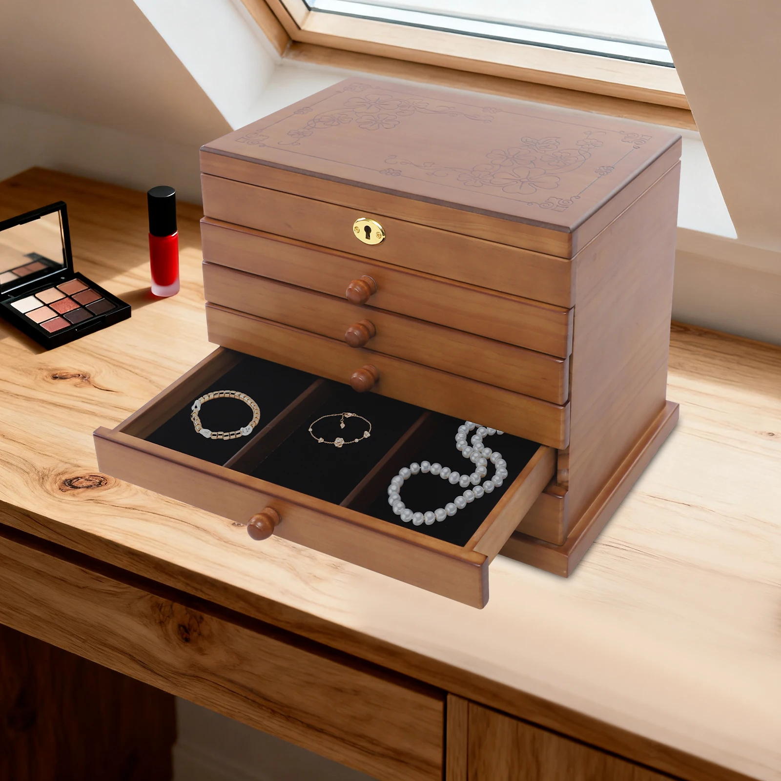 

Wooden Jewelry Box,6-Layer Wooden Jewelry Box with Lock,6-Layer Lockable Jewelry Case,for Necklaces/Rings/Other Jewelry