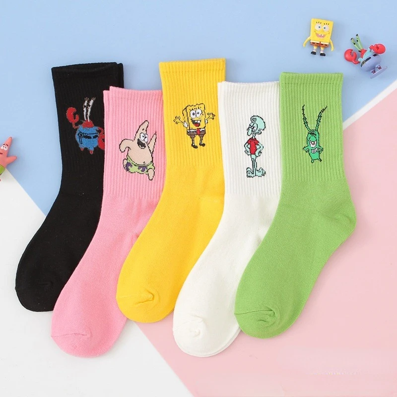 SpongeBob Socks Cotton Fashion Cartoon Mid-calf Socks Anime Cute Women Girls Breathable Skateboarding Casual Sports Socks Gifts