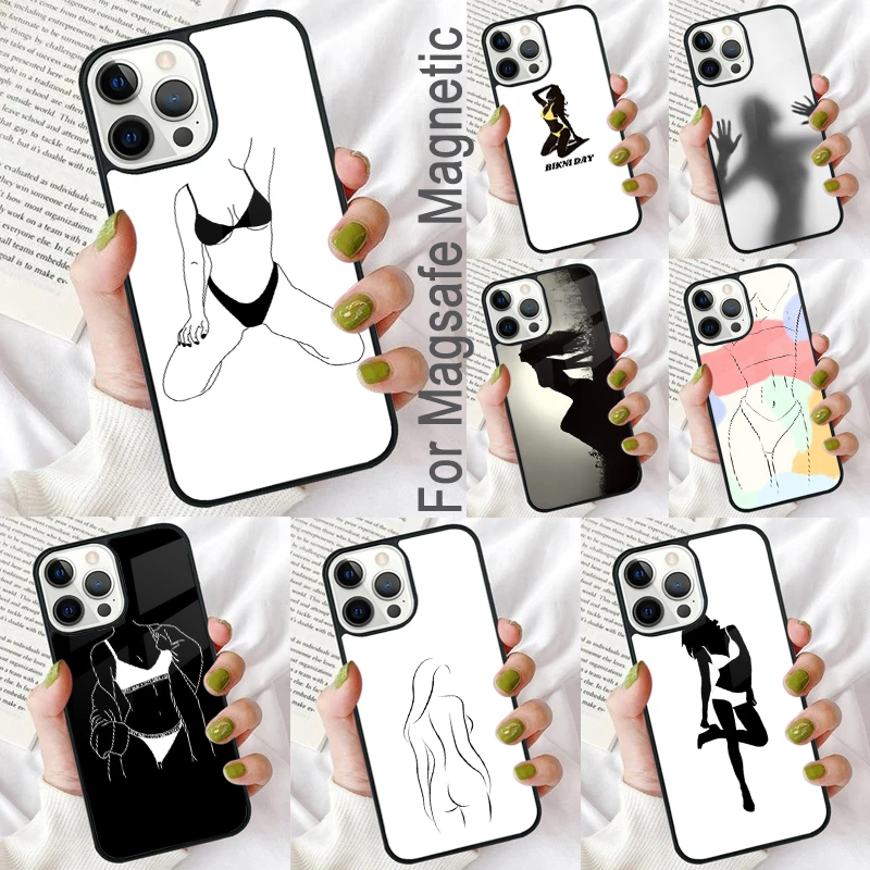 Sexy Bikini Woman Silhouettes Magnetic Soft Phone Case for iPhone 16 Promax 15 Pro 13 14 Plus 11 12 Mini MagSafe Coque