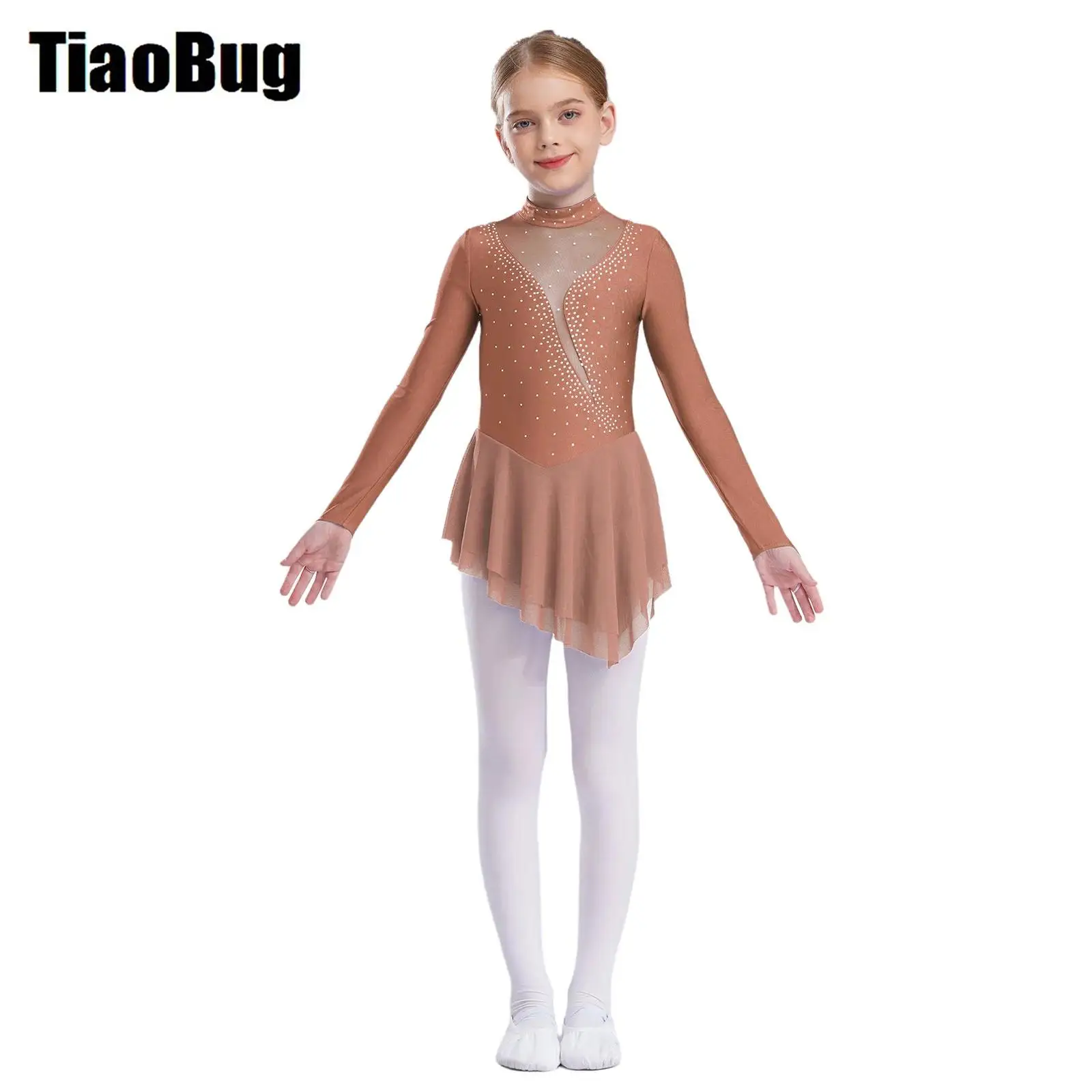 

Kids Girls Irregular Hem Ballet Dress Figure Skating Dresses Sheer Mesh Patchwork Glittery Rhinestones Long Sleeve Dance Dresses