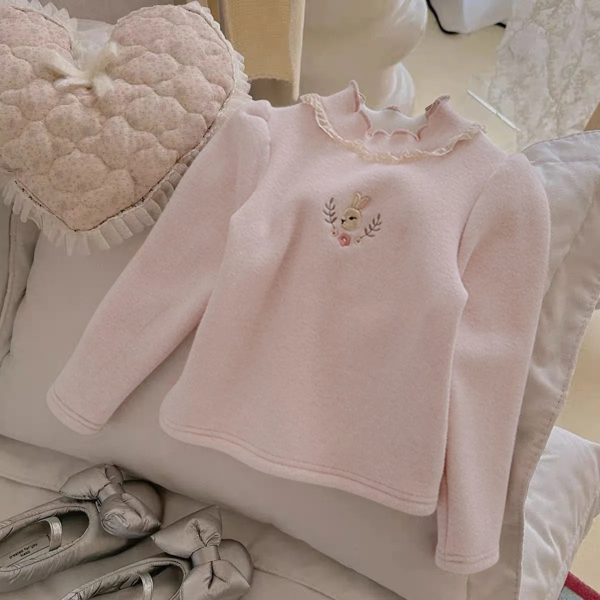 Herbst-Winter-Baby-Spitzen-Fleece-Unterhemd, Mädchen-Oberteil mit Stickerei, warm, langärmelig, weich, dehnbar, Freizeit-Sportbekleidung für Kinder – Detail 11