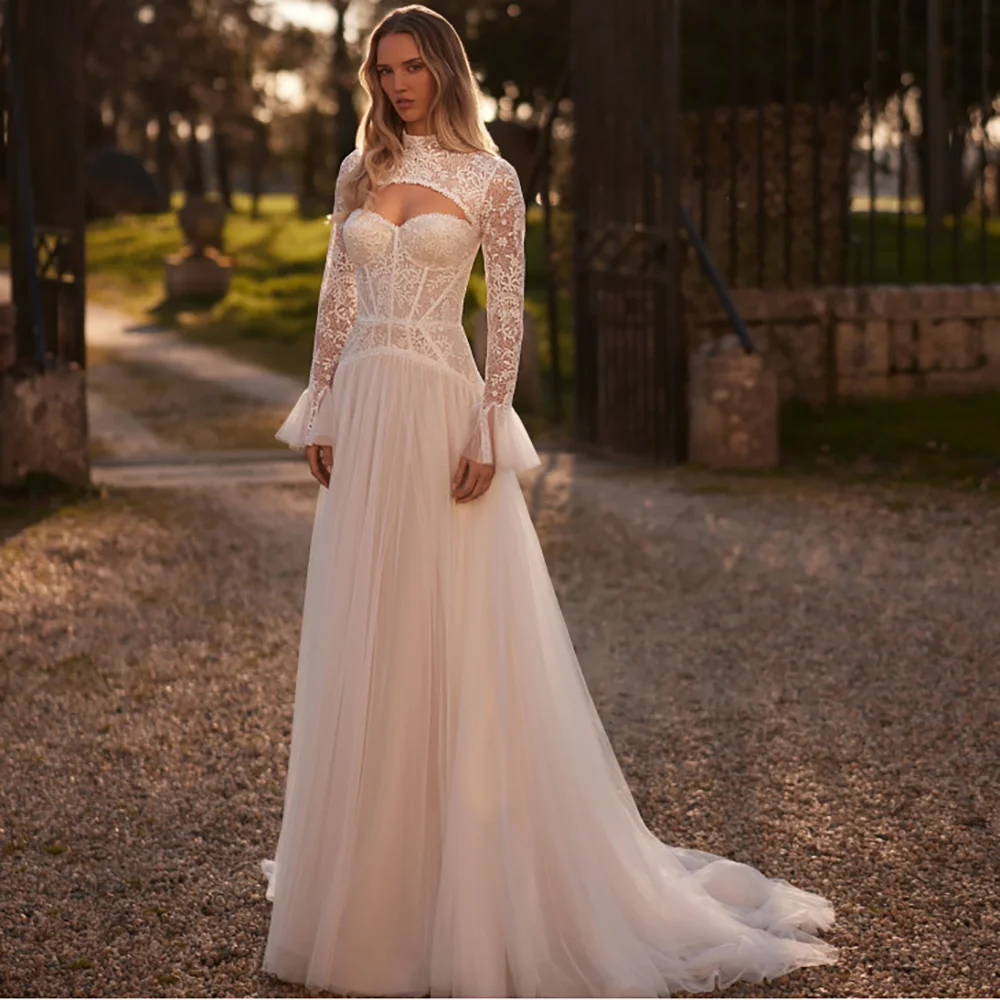 

Beach High Neck Long Sleeves Floor Length Tulle A-Line Sweetheart Lace Backless Wedding Dresses 2025 Vestido De Novia Customized