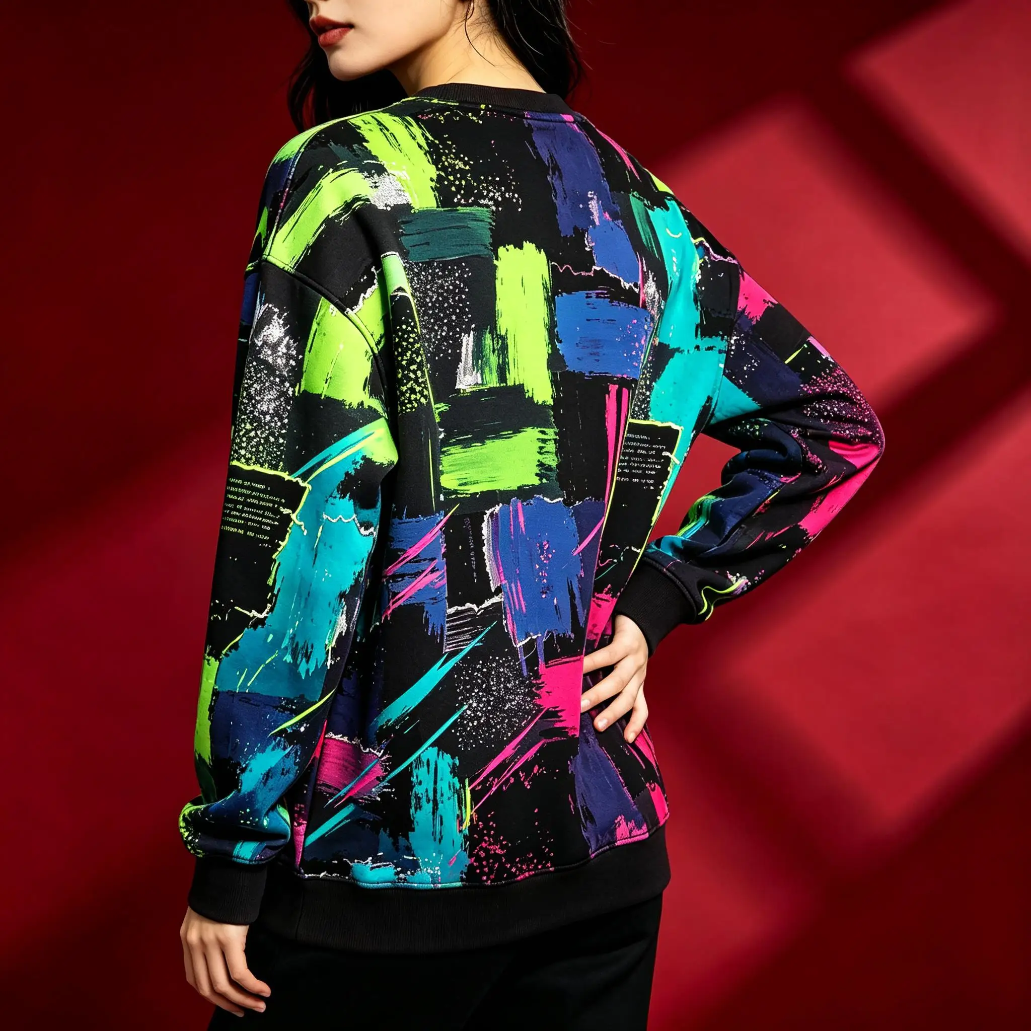 Women Crew Neck Fleece Sweatshirt Red Abstract Patchwork Graffiti Print Long Sleeve Loose No Hood Warm Pullover