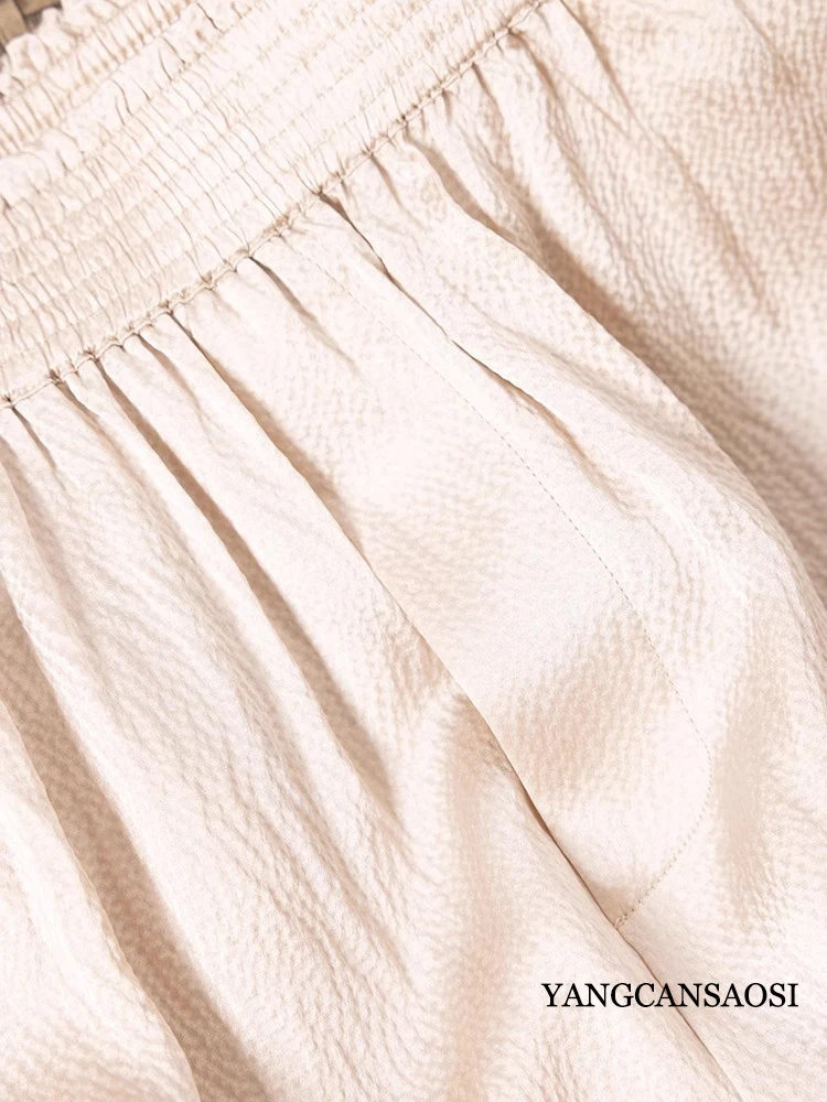 Calças de cintura de flor bege feminina, seda amoreira 100% natural, cetim pérola, design de bolso confortável, nova moda, verão, 2024
