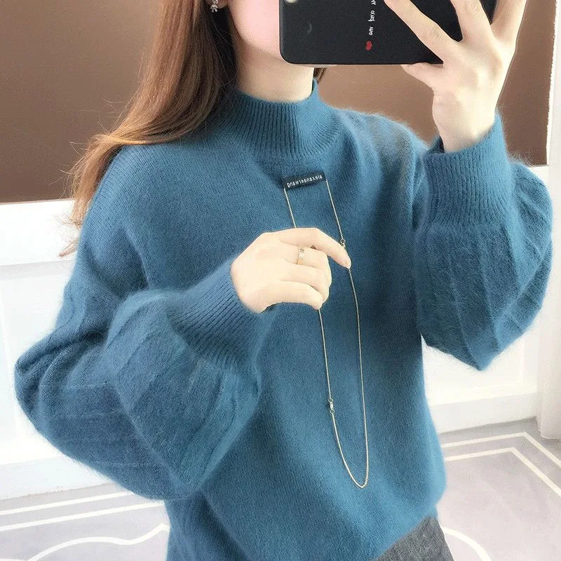 New Autumn/Winter Fashion Korean Edition Half High Neck Lantern Sleeves Large Loose Versatile Slim Women\'s Knitted Sweater