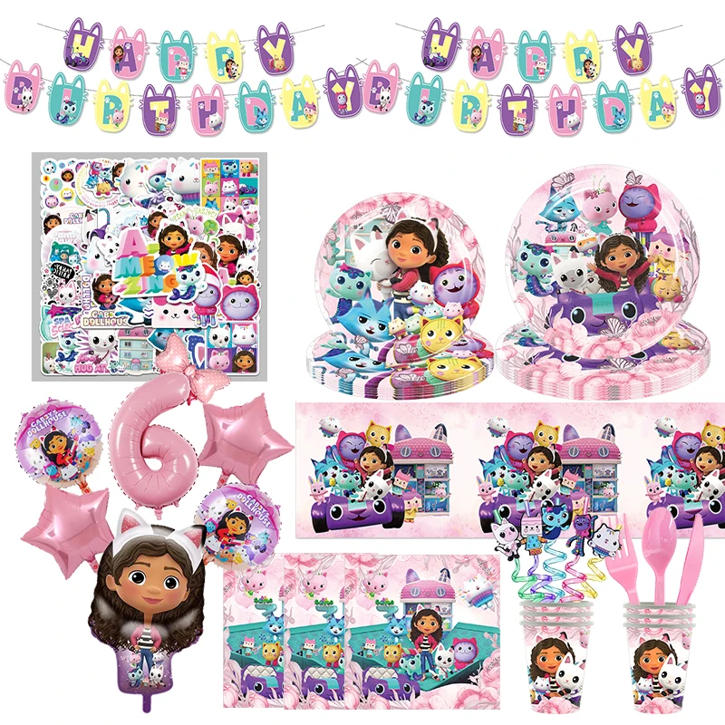 Gabby Dollhouse Cats Birthday Decorations Tableware Straw Sticker Balloons Tablecloth Backdrop Baby Shower Party Supplies