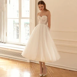 Short Wedding Dress for Bride A Line Sweetheart Sleeveless Princess  Gown Midi White Tulle Backless Simple Bridal