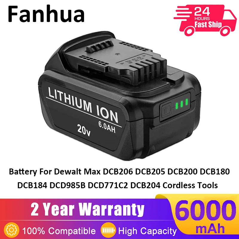 

20V 6000mAh DCB205 Li-Ion Battery for Dewalt Max DCB206 DCB205 DCB200 DCB180 DCB184 DCD985B DCD771C2 DCB204 Cordless Tools