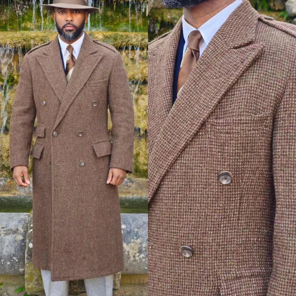 

Fashion Men Long Overcoat Peaked Lapel Double Breasted Wedding Tuxedos Woolen Winter Thick Outwear One Piece Custom Made