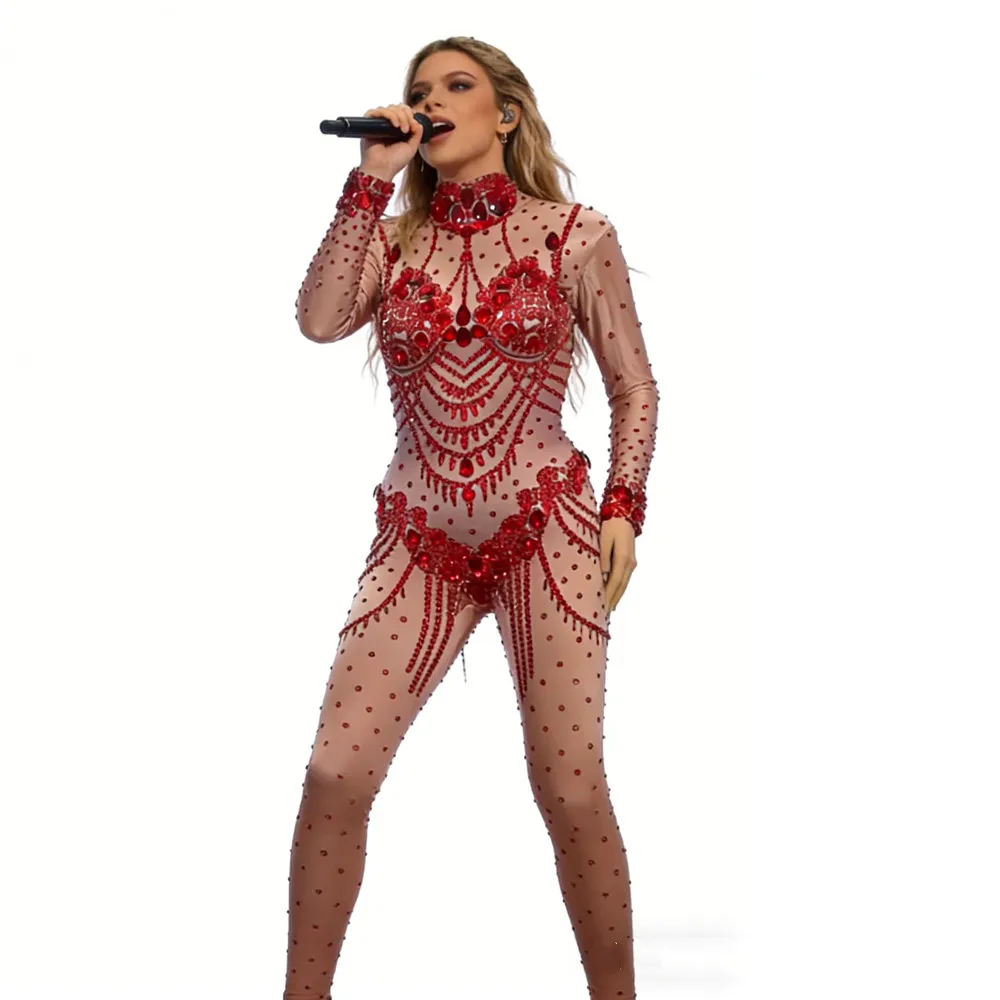 Red Rhinestones Spandex Tight Jumpsuit Women Long Sleeve Elastic Birthday Party Leotard Singer Night Stage Performance Costume