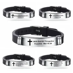Cross Bible Christian Men Bracelet Adjustable Length Silicone Bangles Wristband Scripture Love Never Fails Male Jewelry