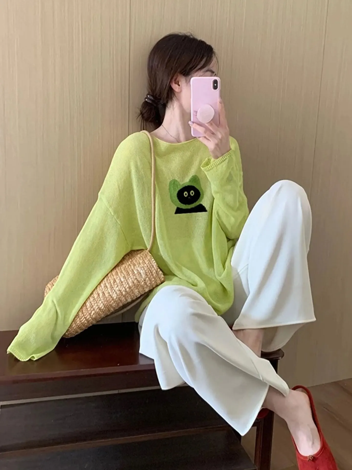 

Ele Korean Sle Long Sve Ice Silk Knitted Top with Cartoon Print Comfortable Skin-Friendly Overhead Covering irt