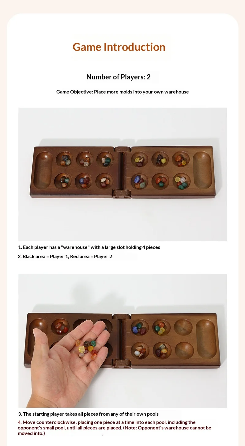 Altes Mancala-afrikanisches Schachspiel, unverzichtbares Brettspiel, hochwertiges Holz, spektakuläres Steingranulat, Familienspaß, Partyspiel für Kinder – Detail 8