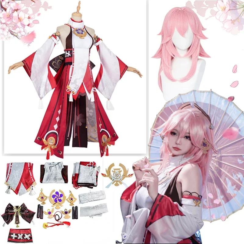 Genshin Impact Yae Miko Guuji kostum Cosplay Genshin Deguisement Wig pakaian pesta kostum Halloween untuk wanita pola