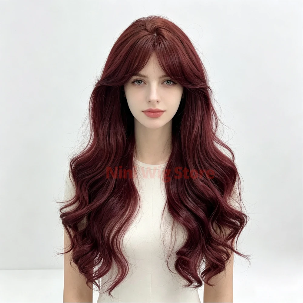 Red Wig Long Curly Synthetic Wigs with Bangs for Women Daily Party Halloween Cosplay Christmas Use Heat Resistant Cosplay Wig