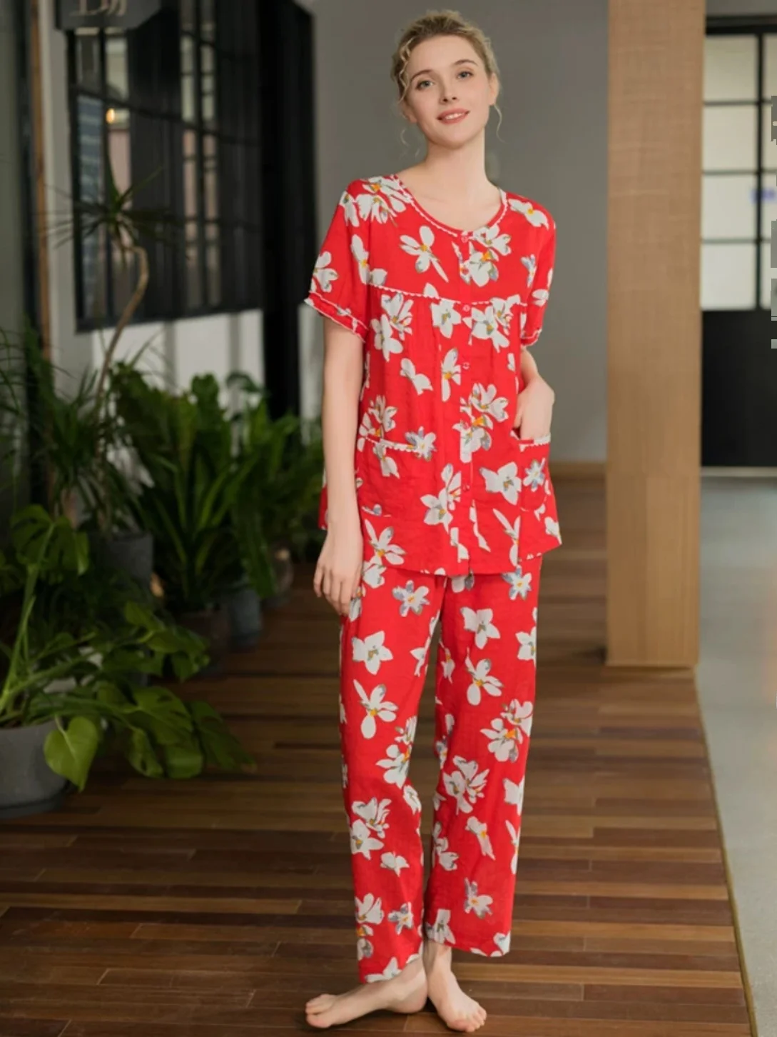 nueva-ropa-de-dormir-de-verano-para-mujer-manga-corta-pantalones-largos-estampado-floral-algodon-entrelazado-estilo-dulce-y-lindo-cuello-redondo