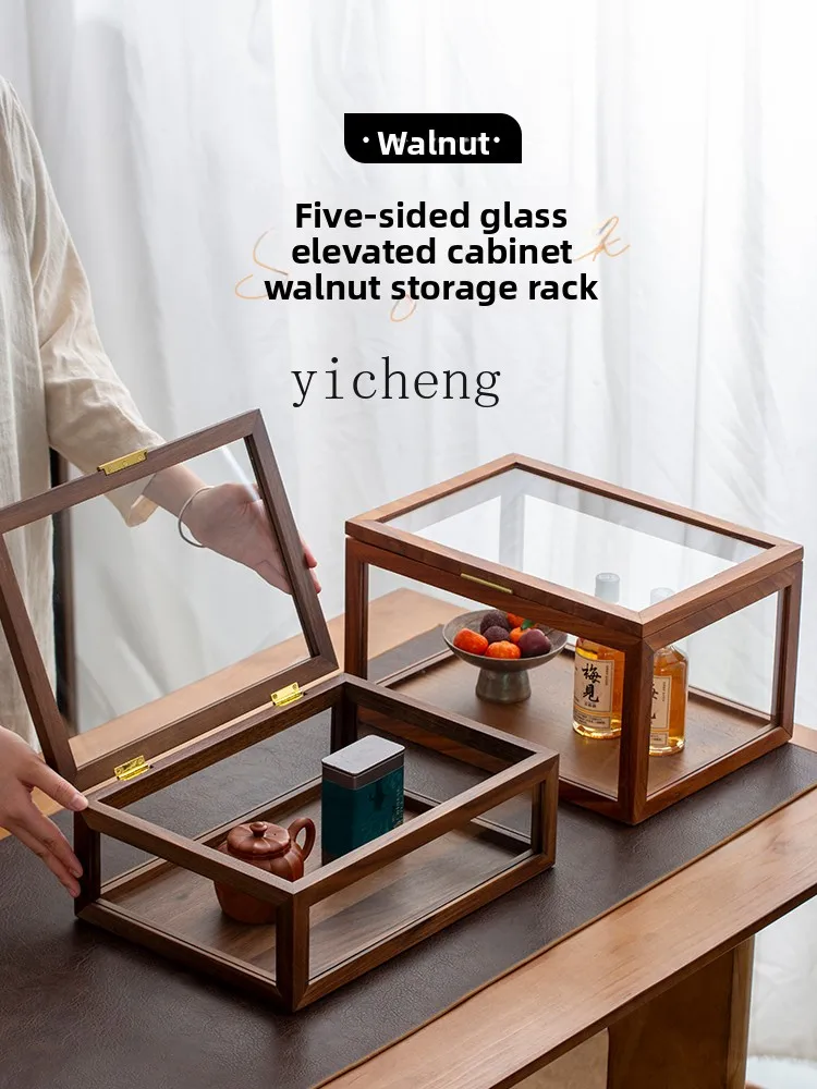 

FY2 North American Black Walnut Glass Tea Set Storage Box Dustproof Transparent Desktop Cabinet