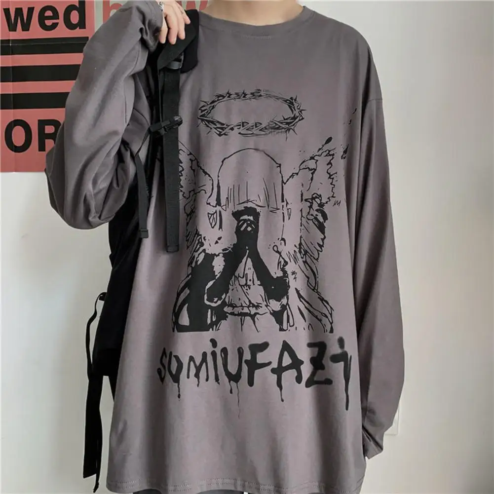 Men T-shirt Gothic Vintage Print Loose Fit Long Sleeve Round Neck Pullover Streetwear Soft Fabric Male Tee Top Bottoming Blouse