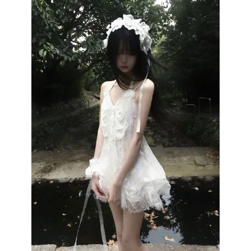Vintage Elegant Fairy Lace Halter Sleeveless Dress Women Bow Patchwork Layered Dress Sweet Chic Style Daily Party Outdoor Date