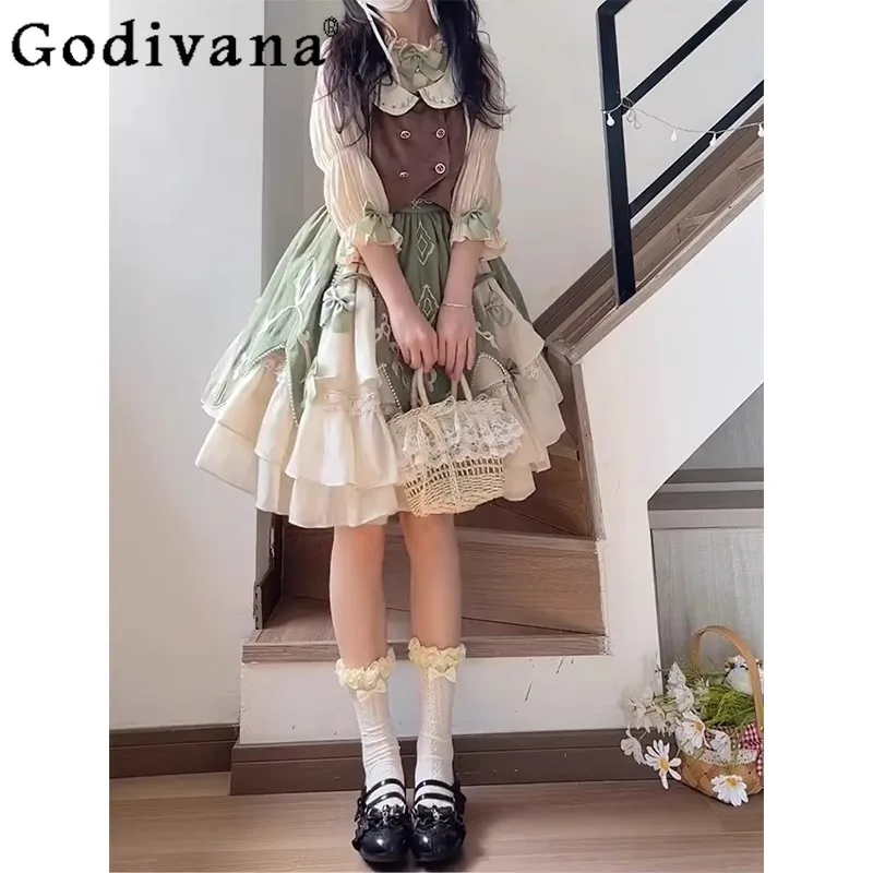 Conjunto de falda y camisa estilo muñeca Vintage verde para mujer, traje de falda dulce de princesa de estilo japonés, trajes de Lolita de calle alta para mujer