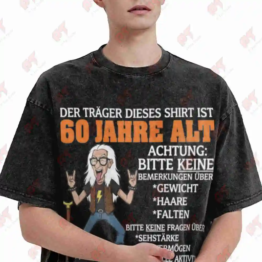 60 Year Old Warning German Text Forbidden Topics Vintage Washed Tee Pure Cotton T-Shirt