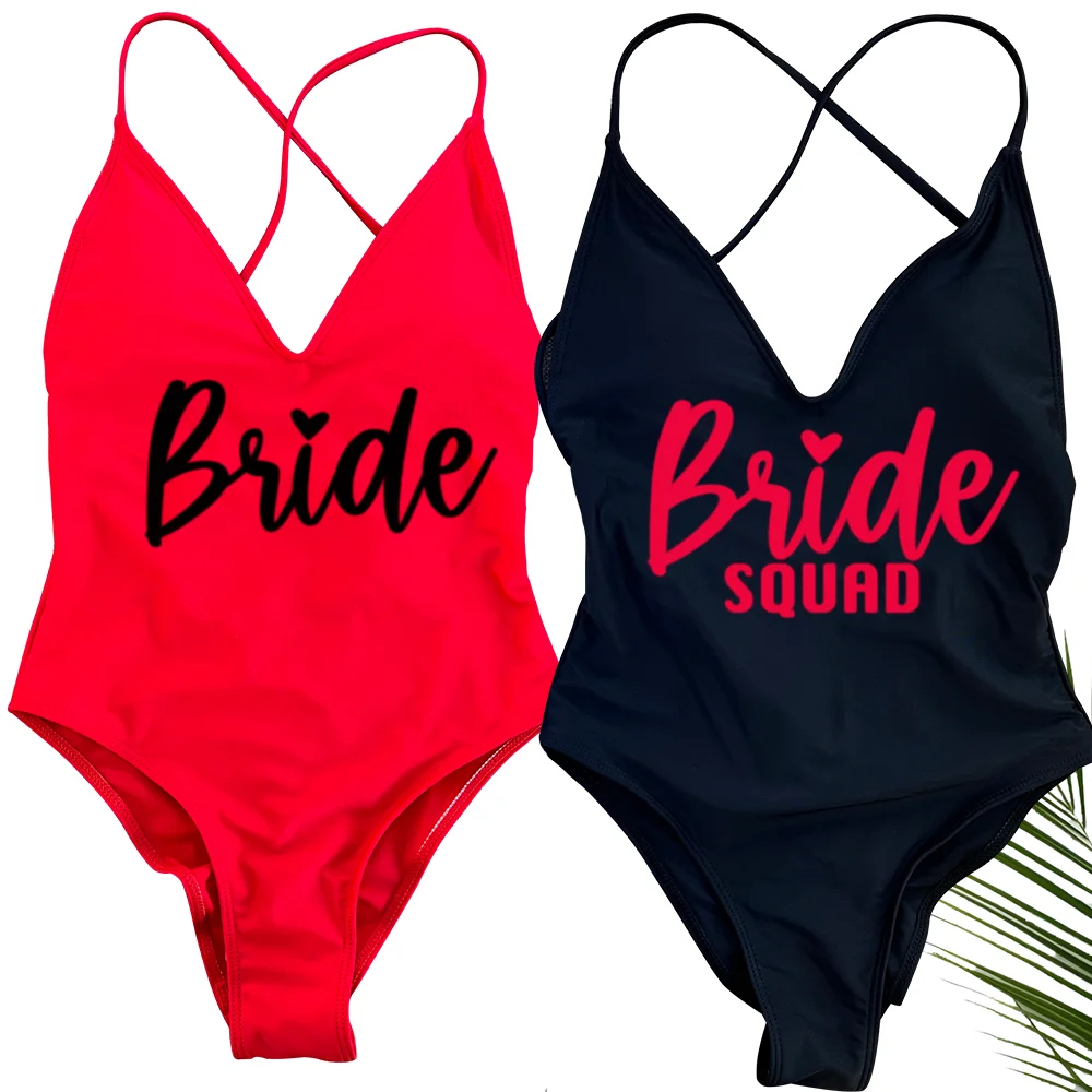 Bride Squad Einteiliger Badeanzug, Monokini-Badeanzug mit Aufdruck „Braut“, Strandmode, gepolstert, für Hochzeitsfeier