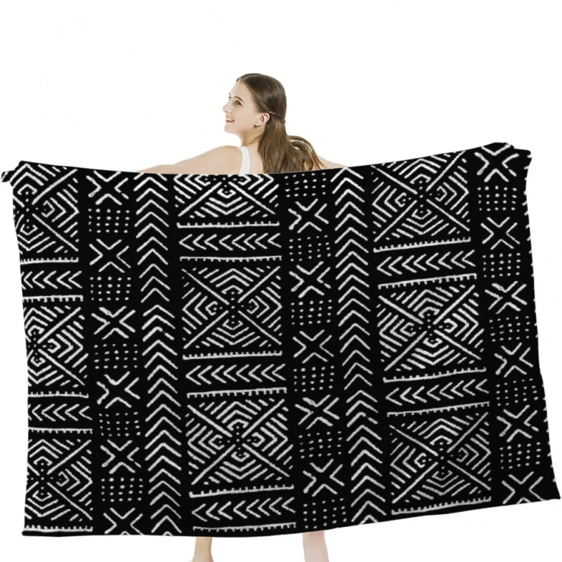 Line Mud Cloth // Black Throw Blanket Soft Velvet Blanket Camping Bedding Blanket Cold Cinema or Travel