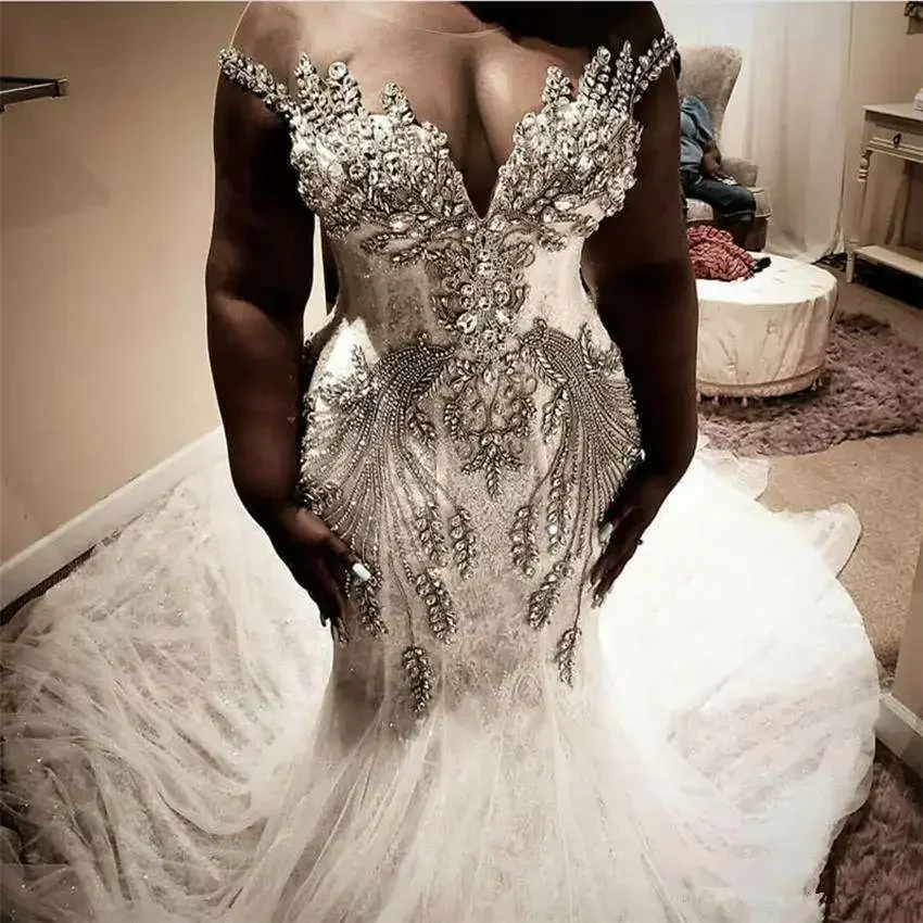 Customized South African Mermaid Wedding Dresses Plus Size Sheer Neck Beaded Crystals Bridal Gowns Robes Custom Made