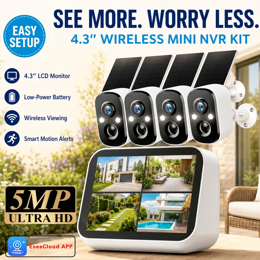5MP Wireless CCTV Kit 4.3 Inch LCD Screen Mini WiFi NVR Low Power Battery Powered Camera Portable Home Surveillance System