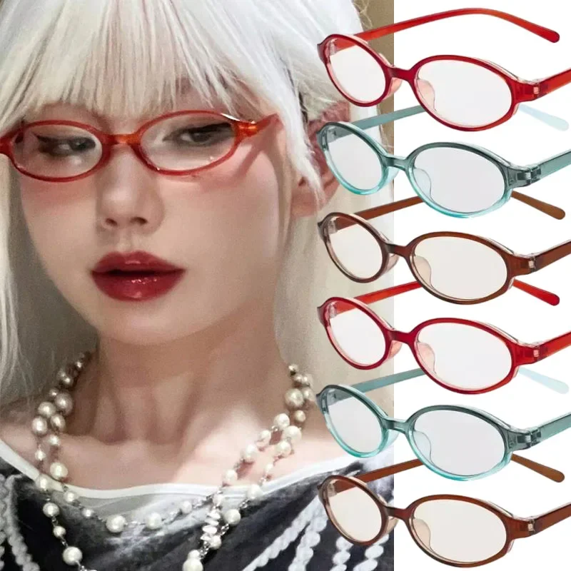 1/2PCS Y2K Girls Retro Oval Glasses Red Green Frame Glass Eyewear Decorative  Anti-blue Computer Eyeglasses Seaside Driving