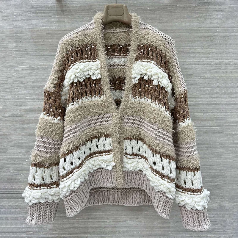 

High-quality women's mohair cashmere hand-knitted sequined cardigan fashion winter sweater clothes 2593098