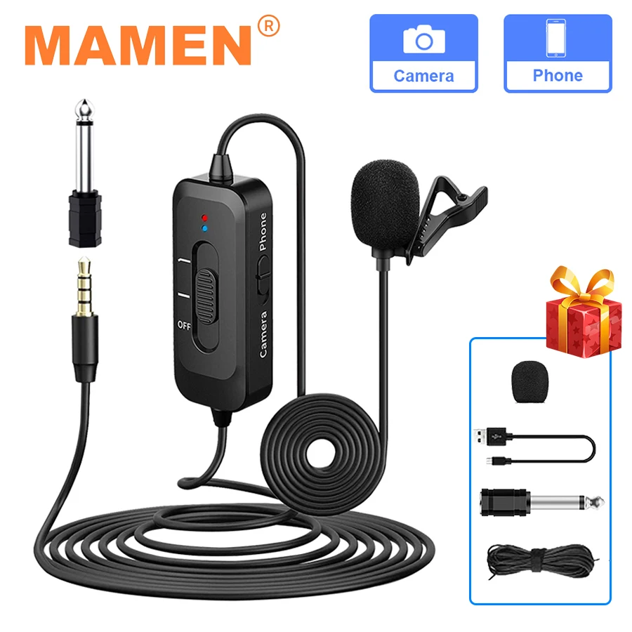 MAMEN 3.5mm Plug Lavalier Microphone with 8m Long Cable for Camera Smartphone Laptop Interview Vlog Recording Microphone