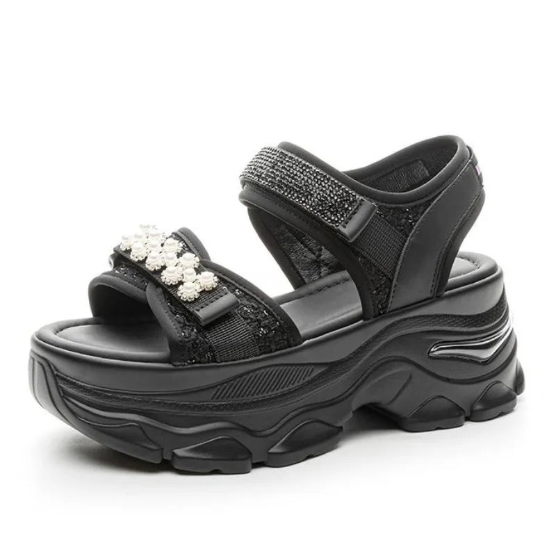 

Сандалии из синтетической кожи из ткани 7 см, женские тапочки на плоской подошве, туфли-лодочки, летние модные блестящие туфли на танкетке с открытым носком на платформе