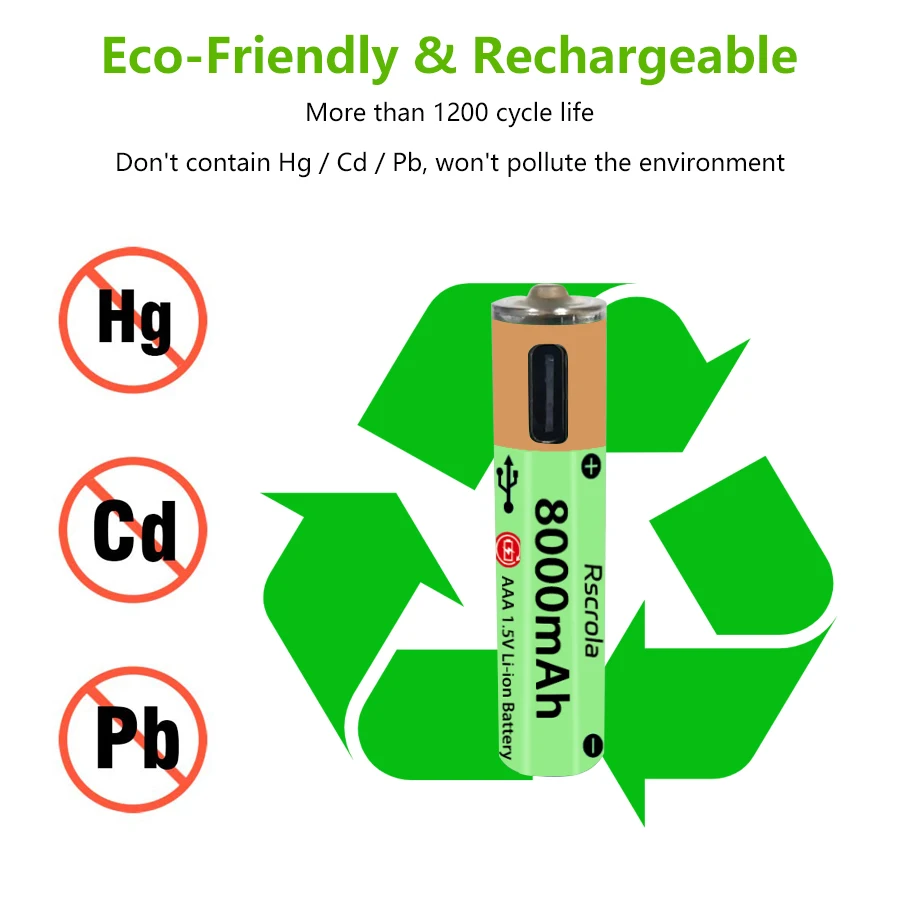 Batería de iones de litio AAA de gran capacidad, puerto tipo C, batería recargable AAA de larga duración, carga rápida de 1H, duración de la batería de más de 1200 ciclos