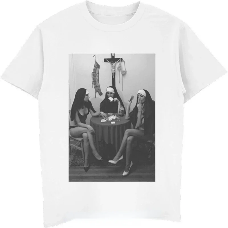 Sexy Nun Graphic T Shirts Man Tees Fashion Trend T-Shirt Casual Street Nude Print Women Oversized T Shirt Exciting Men Clothing